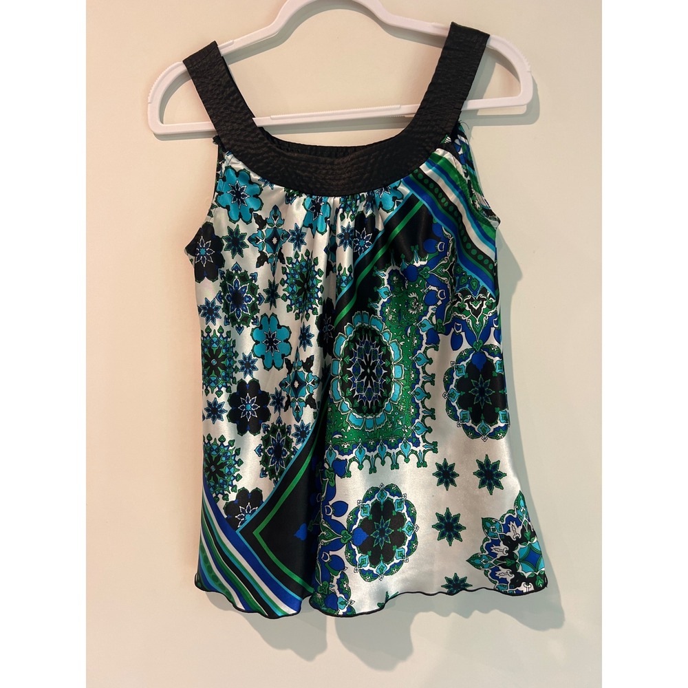 Flaw(Photo)Alyx Women's Blue Green Mandala Floral Satin Tank Top Blouse Size L